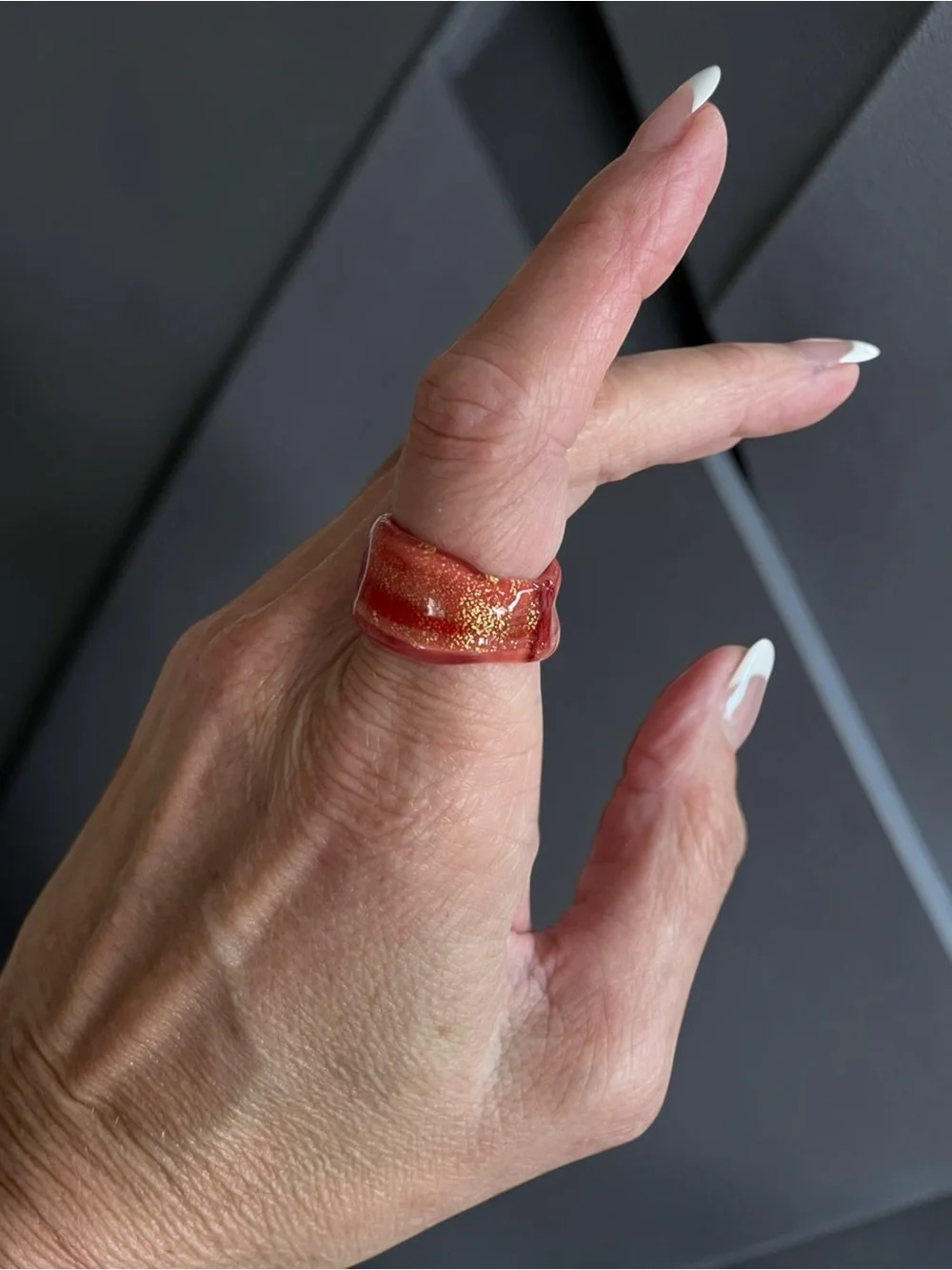 Vintage Translucent Orange Glitter Resin Statement Ring Size 7